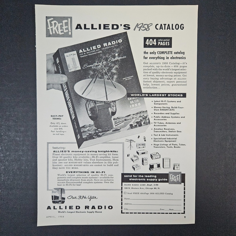 1958 Allied Radio Corp Catalog Form Vintage Print Ad Tubes Antennas Receivers